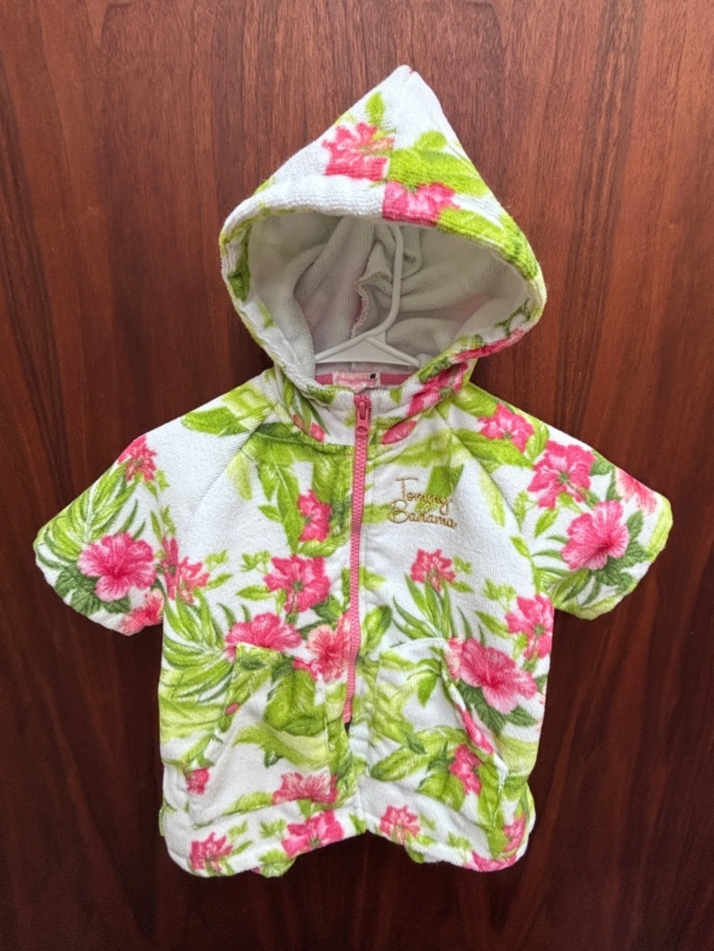 Tommy Bahama Golden Logo Hooded Towel Jacket w Pink Flowers & Lime Accents, EUC - Picture 3 of 12